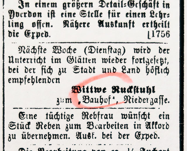 Die Abbildung zeigt das Inserat der Wittwe Ruckstuhl im Landboten.
