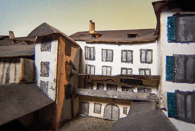 Ein Ausschnitt von Forrers Spielkarten-Modell zeigt den BAUHOF von der Seite mit Werkstattgebäude, damals noch Niedergasse.