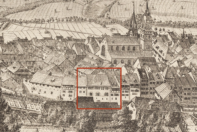 Eine Strickzeichnung der Stadt Winterthur. Rot umrandet der BAUHOF.