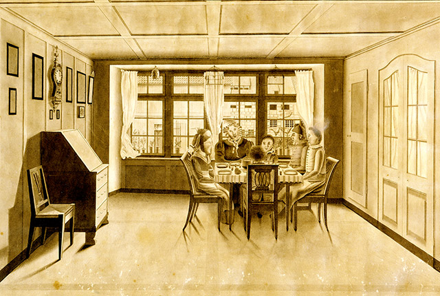 Ein in goldenen Brauntönen gehaltenes Gemälde zeit die Familie Graf am Esstisch sitzend.